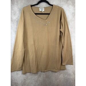 Cervelle Tan Embellished V Neck Long Sleeve‎ Sweater Women's Large Acrylic